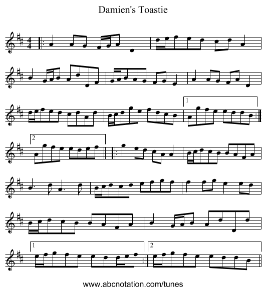 Damien's Toastie - staff notation