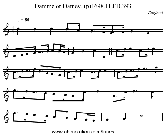 Damme or Damey. (p)1698.PLFD.393 - staff notation