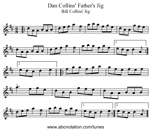 Dan Collins' Father's Jig - staff notation
