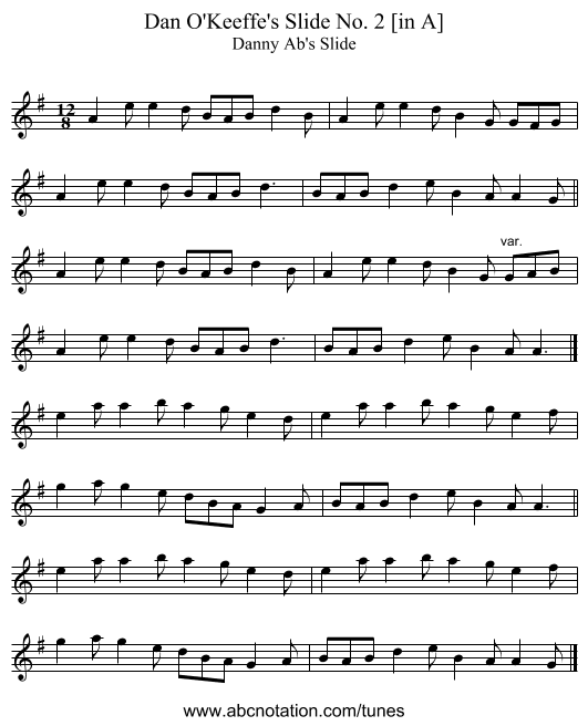 Dan O'Keeffe's Slide No. 2 [in A] - staff notation