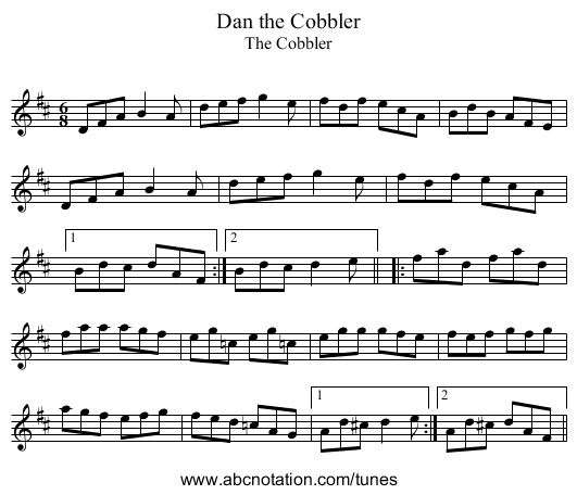 Dan the Cobbler - staff notation