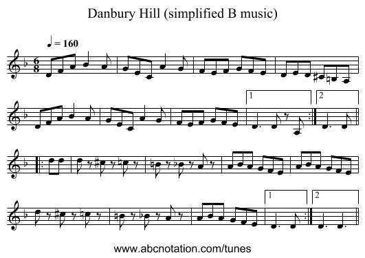 Danbury Hill (simplified B music) - staff notation