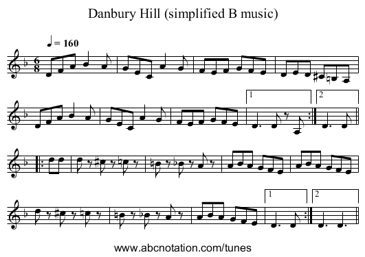 Danbury Hill (simplified B music) - staff notation