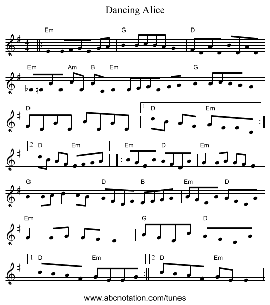 Dancing Alice - staff notation