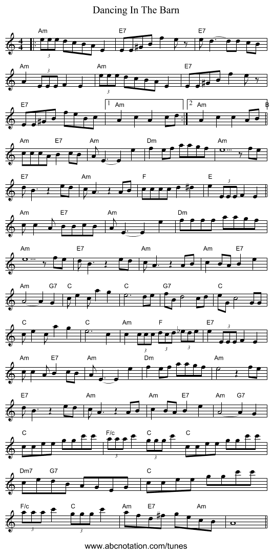 Dancing In The Barn - staff notation