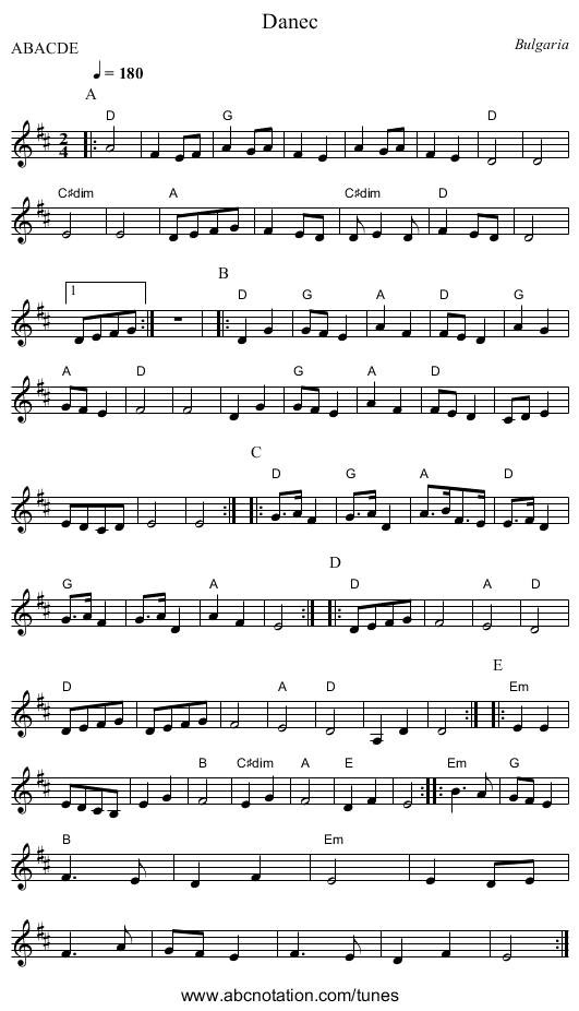 Danec - staff notation