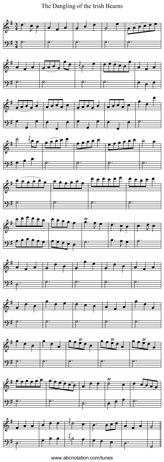 Dangling of the Irish Bearns, The - staff notation