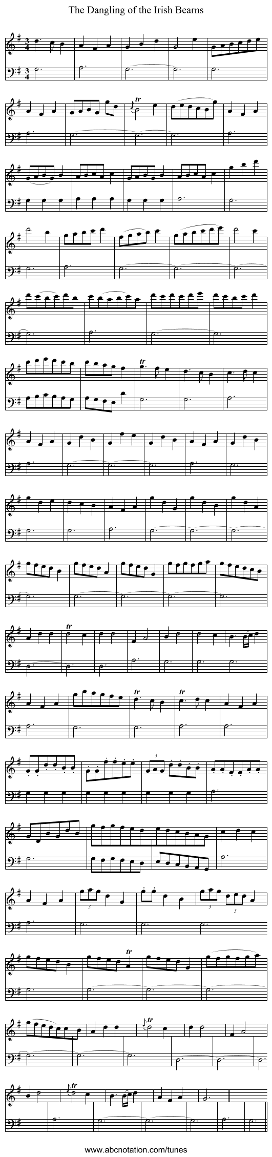 Dangling of the Irish Bearns, The - staff notation