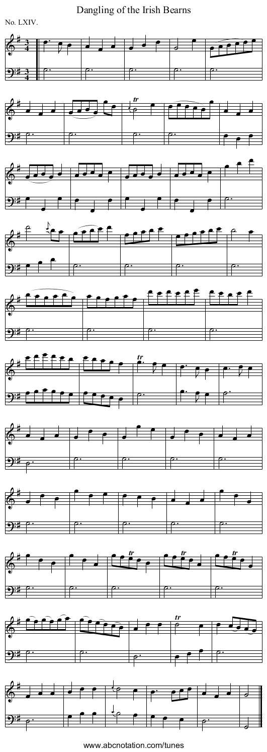 Dangling of the Irish Bearns - staff notation