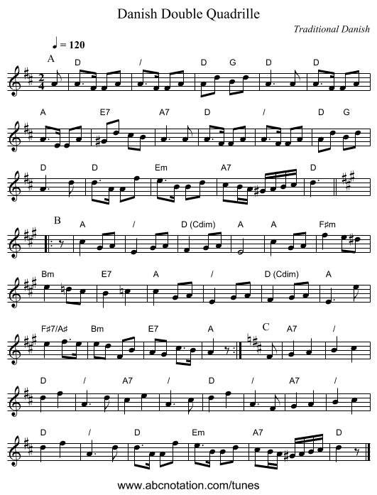 Danish Double Quadrille - staff notation