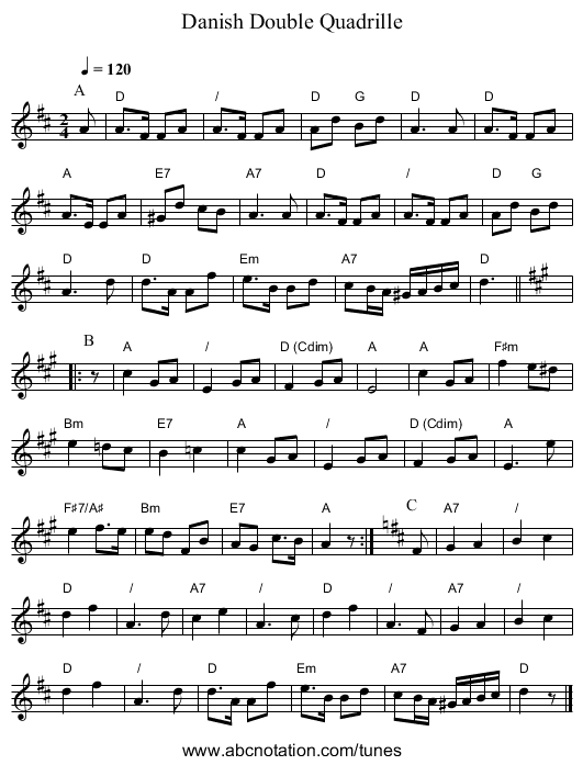 Danish Double Quadrille - staff notation