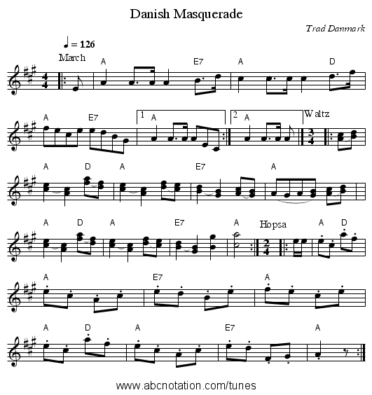 Danish Masquerade - staff notation