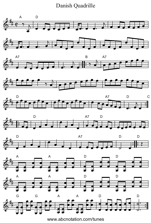 Danish Quadrille - staff notation