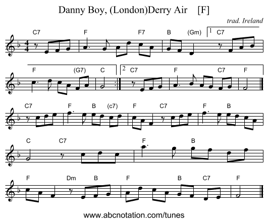 Danny Boy, (London)Derry Air    [F] - staff notation