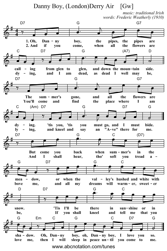 Danny Boy, (London)Derry Air    [Gw] - staff notation