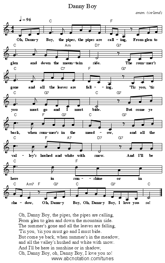 Danny Boy - staff notation