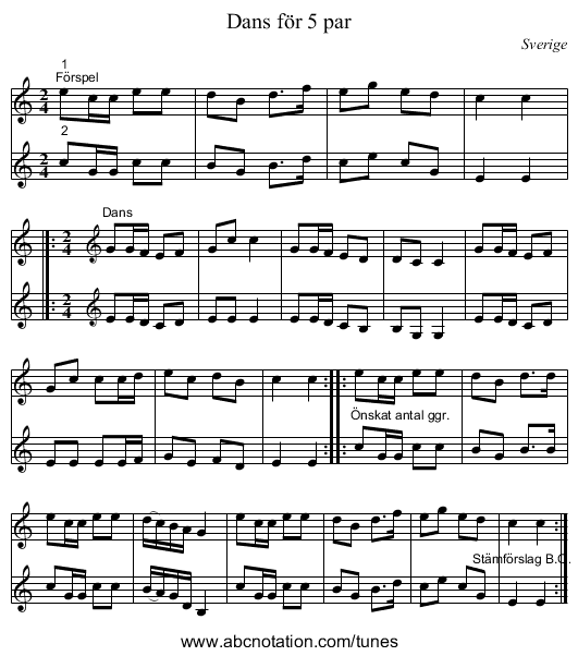 Dans för 5 par - staff notation