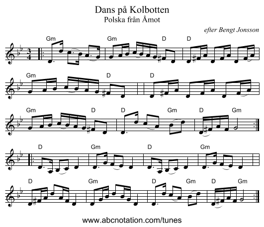 Dans p&aring; Kolbotten - staff notation