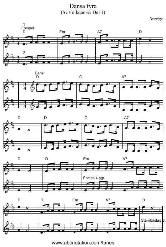 Dansa fyra - staff notation