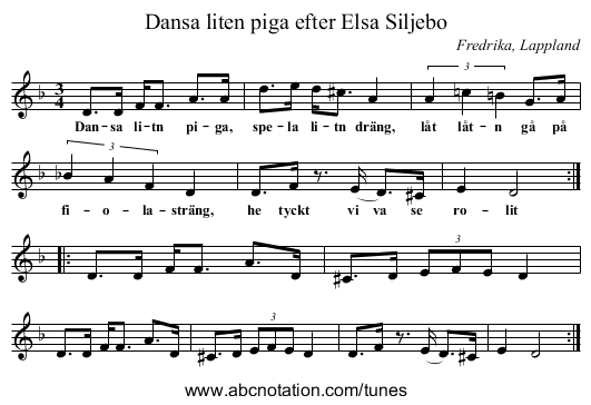 Dansa liten piga efter Elsa Siljebo - staff notation