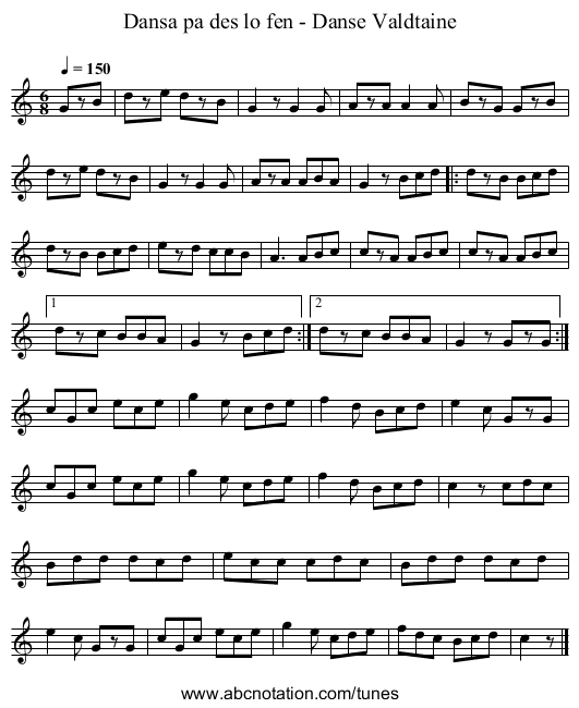 Dansa pa des lo fen - Danse Valdtaine - staff notation
