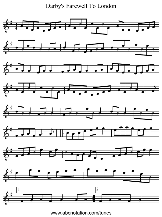 Darby's Farewell To London - staff notation