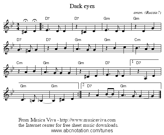 Dark eyes - staff notation
