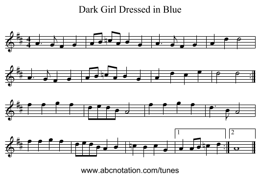 Dark Girl Dressed in Blue - staff notation
