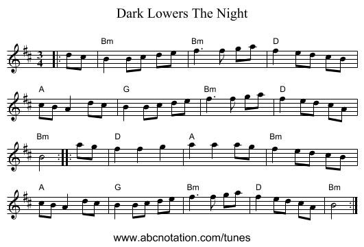 Dark Lowers The Night - staff notation