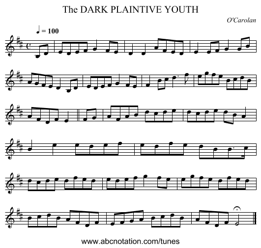DARK PLAINTIVE YOUTH, The - staff notation