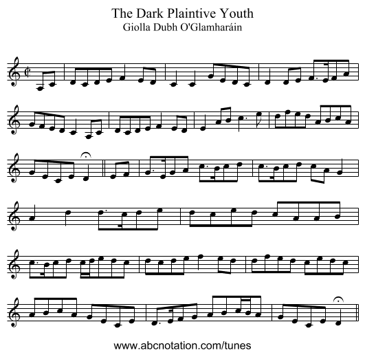 Dark Plaintive Youth, The - staff notation