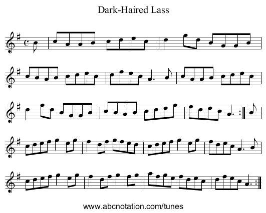 Dark-Haired Lass - staff notation