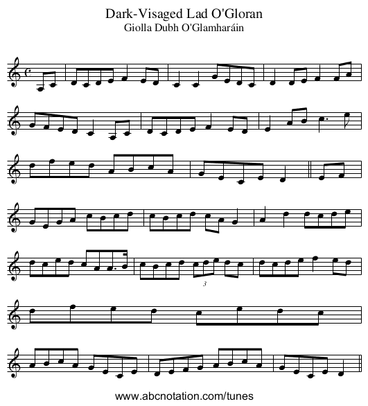 Dark-Visaged Lad O'Gloran - staff notation