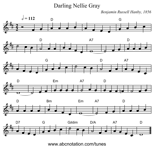 Darling Nellie Gray - staff notation
