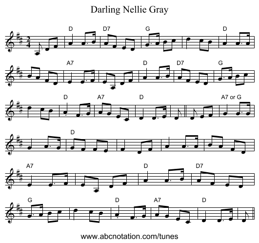 Darling Nellie Gray - staff notation
