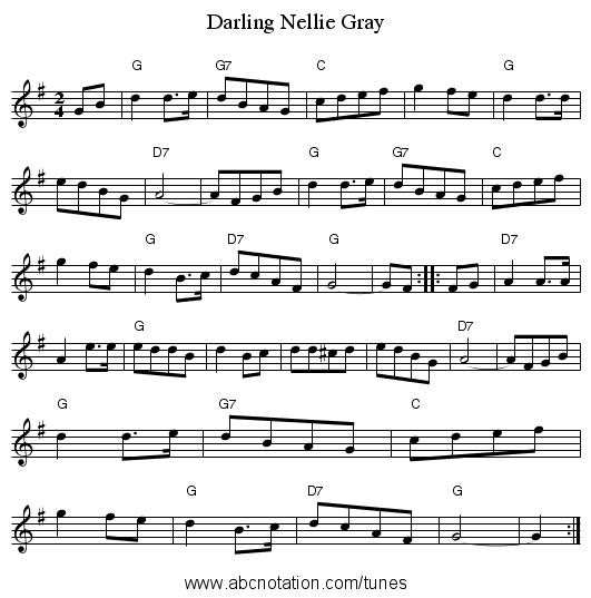 Darling Nellie Gray - staff notation