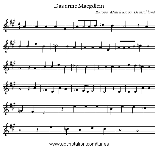 Das arme Maegdlein - staff notation