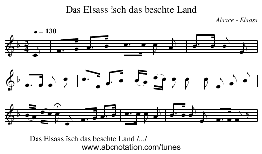 Das Elsass îsch das beschte Land - staff notation