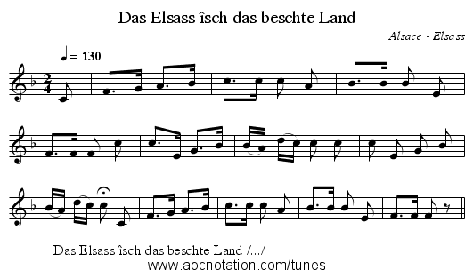 Das Elsass îsch das beschte Land - staff notation