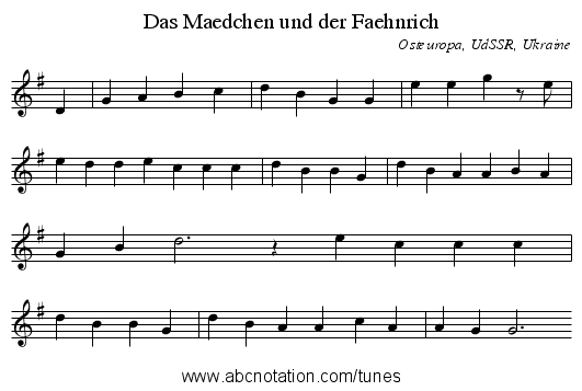 Das Maedchen und der Faehnrich - staff notation