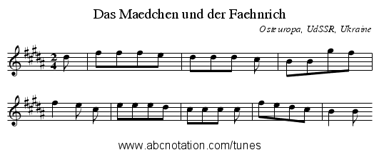 Das Maedchen und der Faehnrich - staff notation