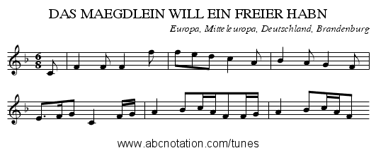 DAS MAEGDLEIN WILL EIN FREIER HABN - staff notation