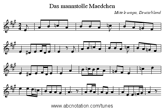 Das mannstolle Maedchen - staff notation