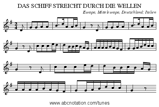 DAS SCHIFF STREICHT DURCH DIE WELLEN - staff notation