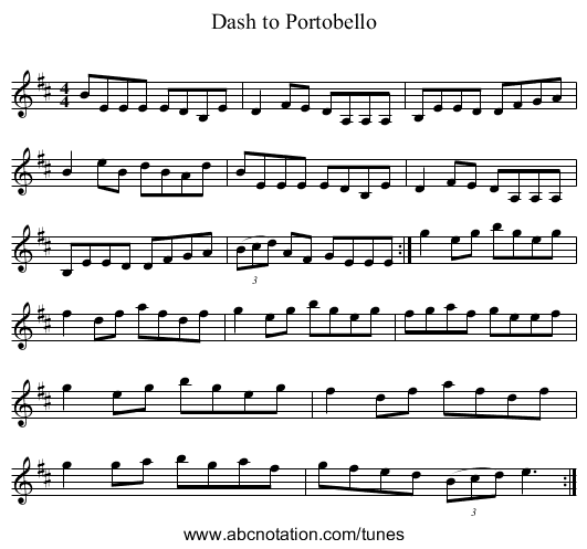 Dash to Portobello - staff notation