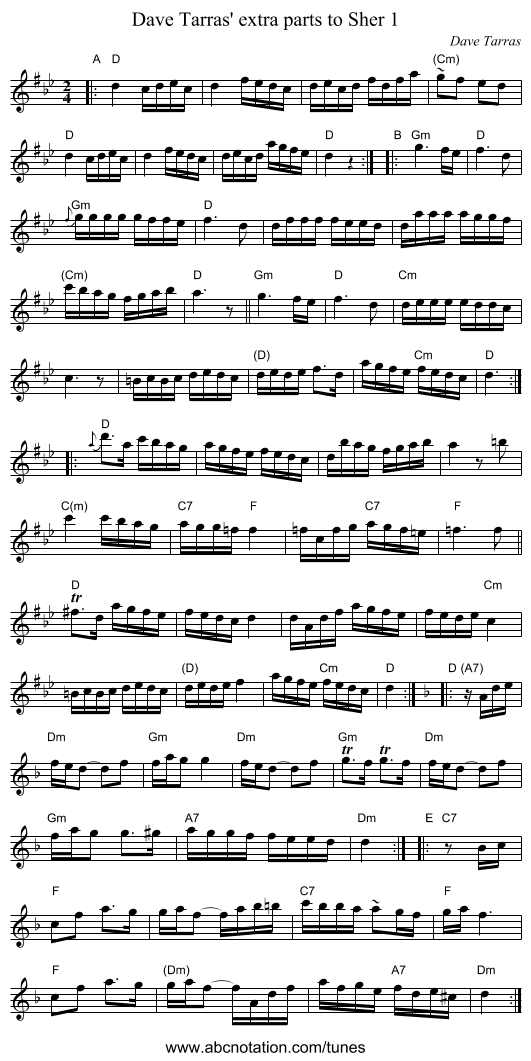 Dave Tarras' extra parts to Sher 1 - staff notation