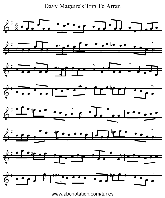 Davy Maguire's Trip To Arran - staff notation