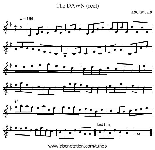 DAWN (reel), The - staff notation