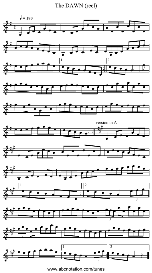 DAWN (reel), The - staff notation