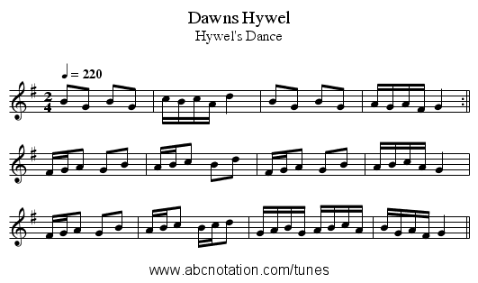 Dawns Hywel - staff notation